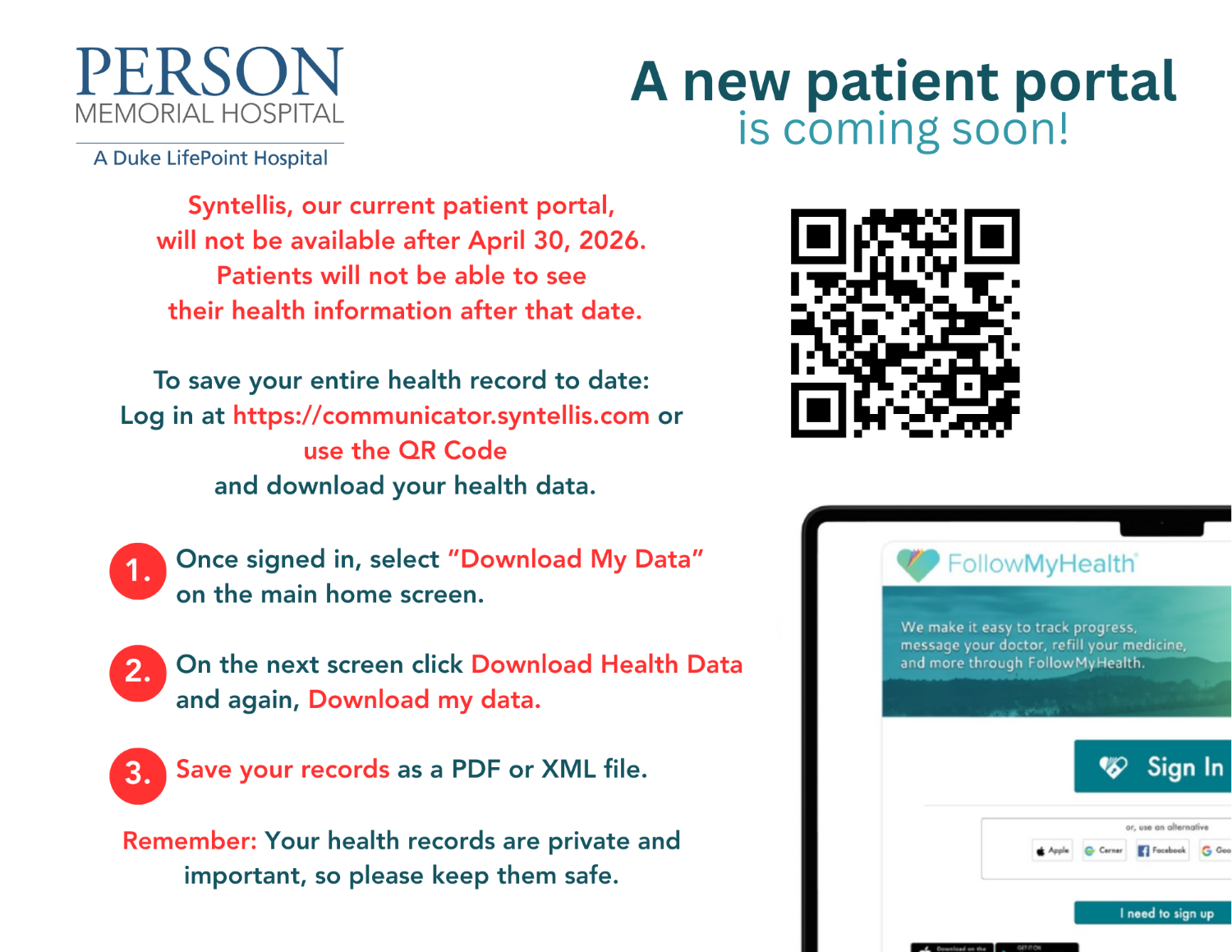 Person Memorial Hospital Announces Transition to New Patient Portal, Discontinuation of Syntellis